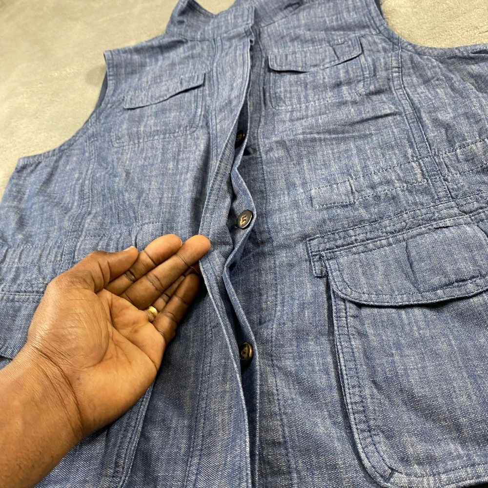 Talbots Utility Vest Womens L Blue Chambray Cotton Mock Neck Cargo Pockets - Picture 4 of 8